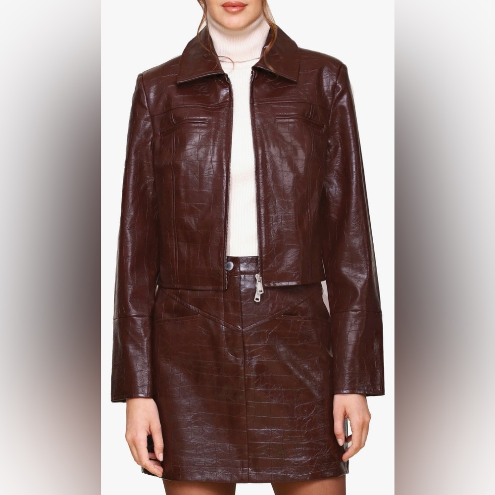 Avec Les Filles - Croc Embossed Faux Leather Crop Jacket - SIZE S - NWT
